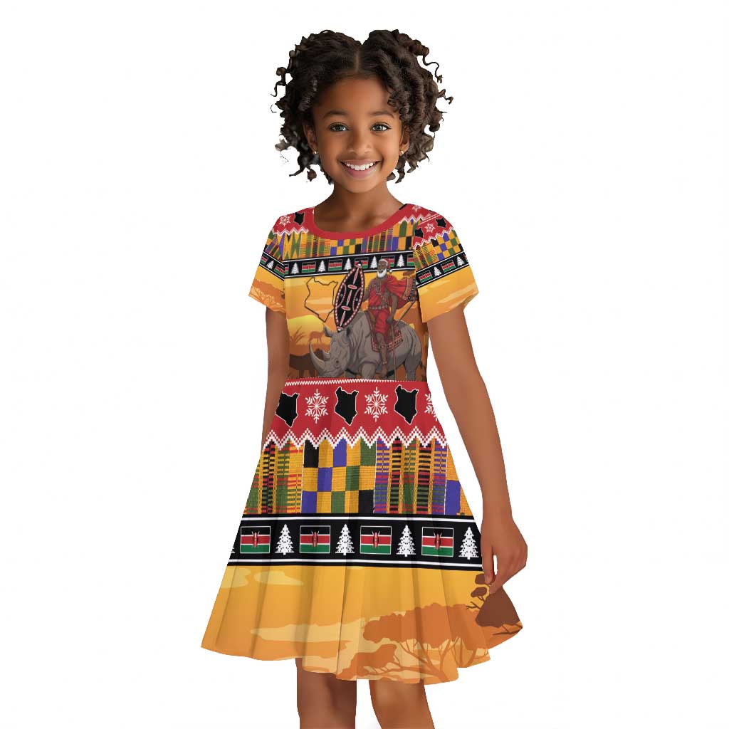 Afro Christmas in Kenya Safari Kid Short Sleeve Dress Black Santa Riding Rhinoceros - African Pride