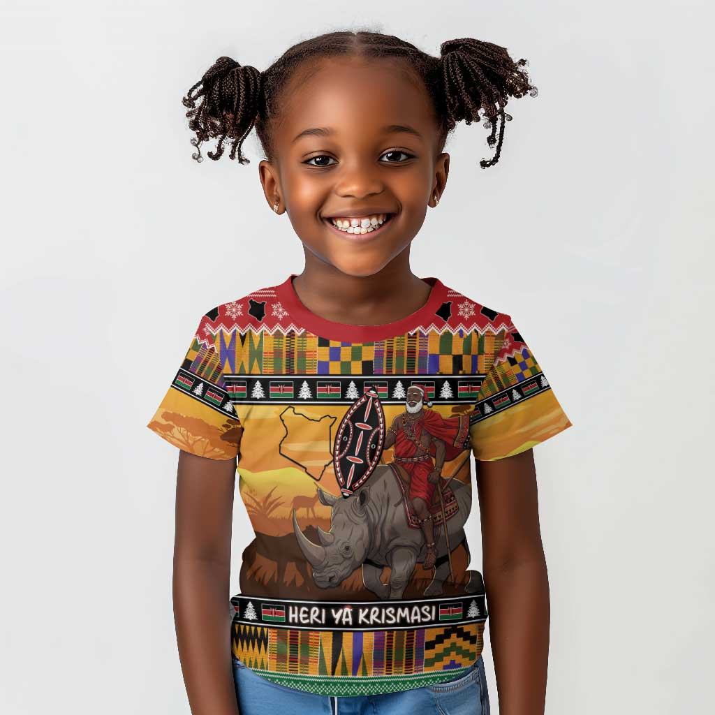 Afro Christmas in Kenya Safari Kid T shirt Black Santa Riding Rhinoceros - African Pride