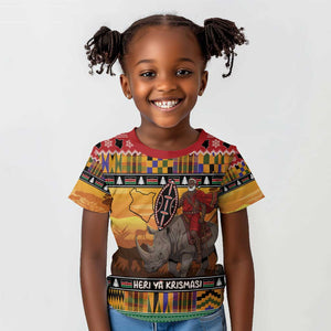 Afro Christmas in Kenya Safari Kid T shirt Black Santa Riding Rhinoceros - African Pride
