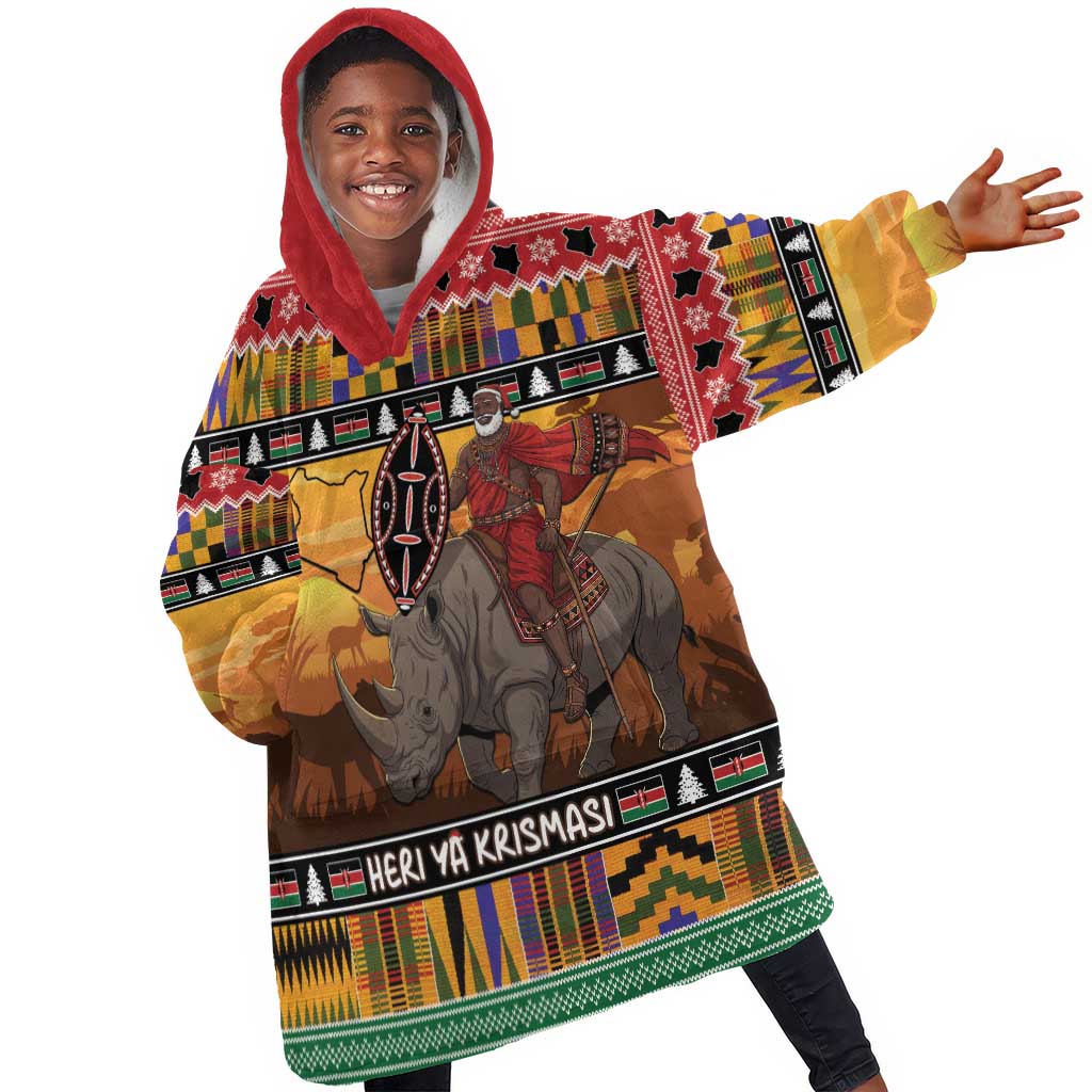Afro Christmas in Kenya Safari Kid Wearable Blanket Hoodie Black Santa Riding Rhinoceros - African Pride
