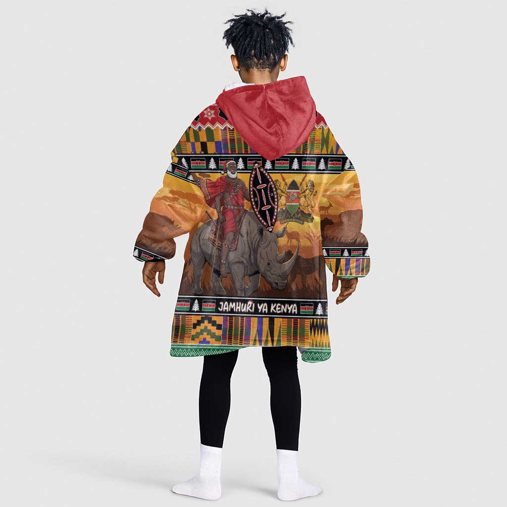 Afro Christmas in Kenya Safari Kid Wearable Blanket Hoodie Black Santa Riding Rhinoceros - African Pride