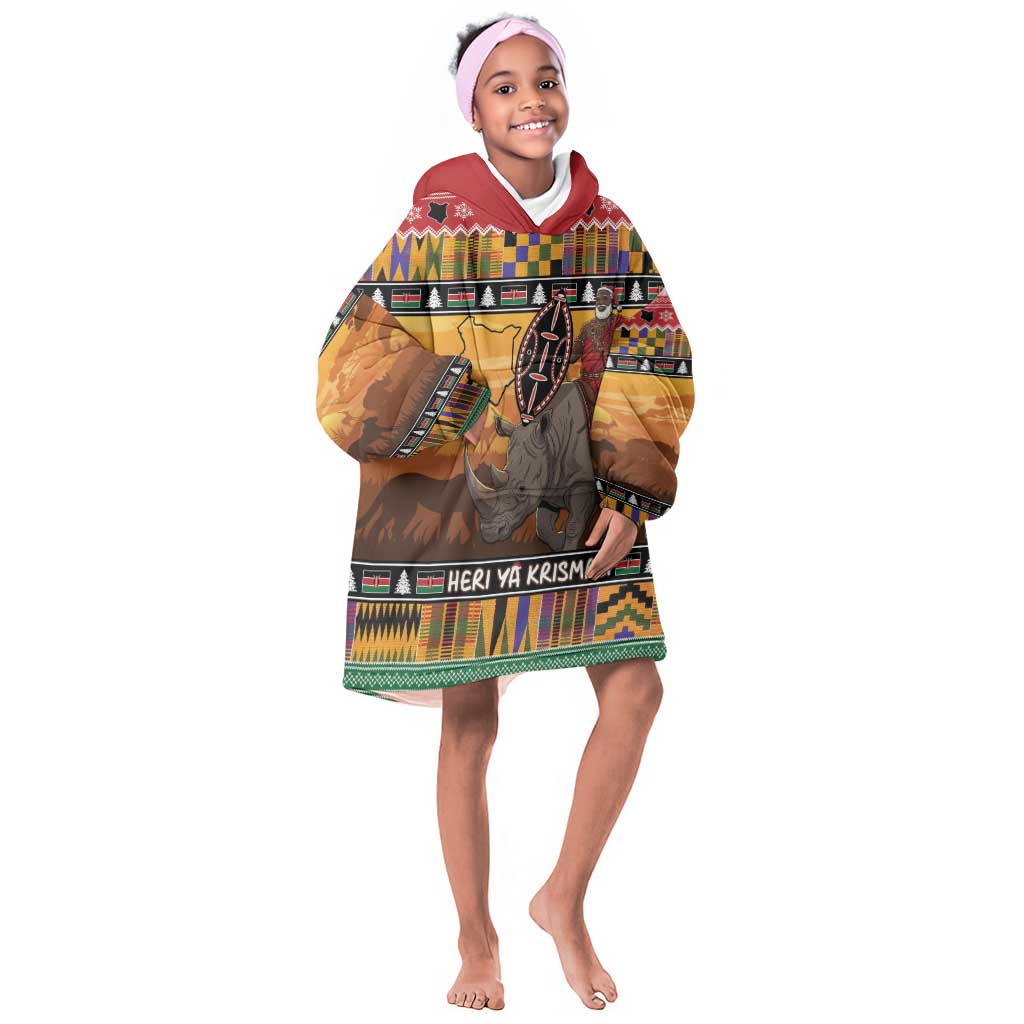 Afro Christmas in Kenya Safari Kid Wearable Blanket Hoodie Black Santa Riding Rhinoceros - African Pride