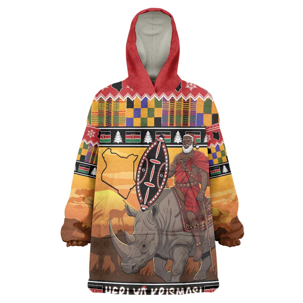 Afro Christmas in Kenya Safari Kid Wearable Blanket Hoodie Black Santa Riding Rhinoceros - African Pride