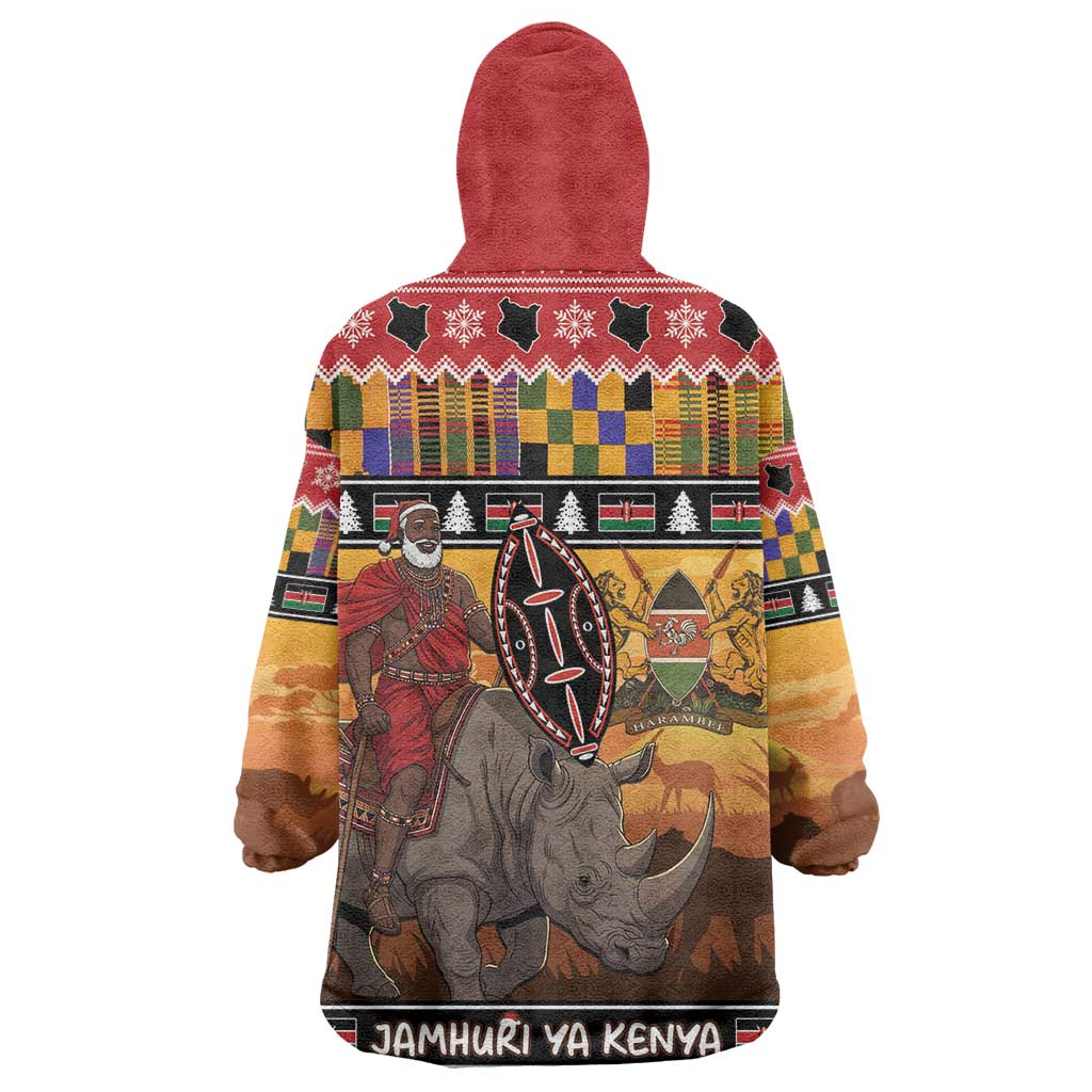Afro Christmas in Kenya Safari Kid Wearable Blanket Hoodie Black Santa Riding Rhinoceros - African Pride