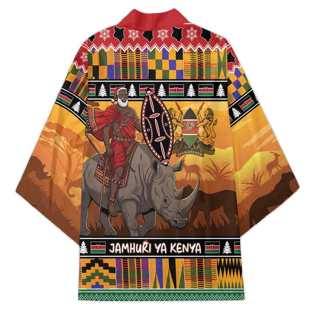 Kenya Safari Christmas Kimono Black Santa Riding Rhinoceros - Heri ya Krismasi