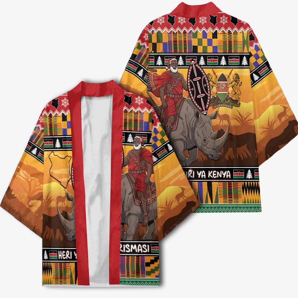 Kenya Safari Christmas Kimono Black Santa Riding Rhinoceros - Heri ya Krismasi
