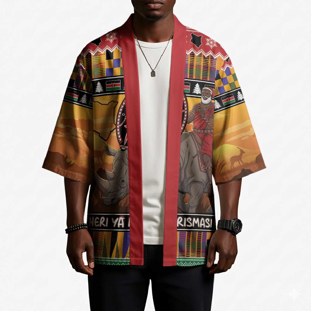 Kenya Safari Christmas Kimono Black Santa Riding Rhinoceros - Heri ya Krismasi