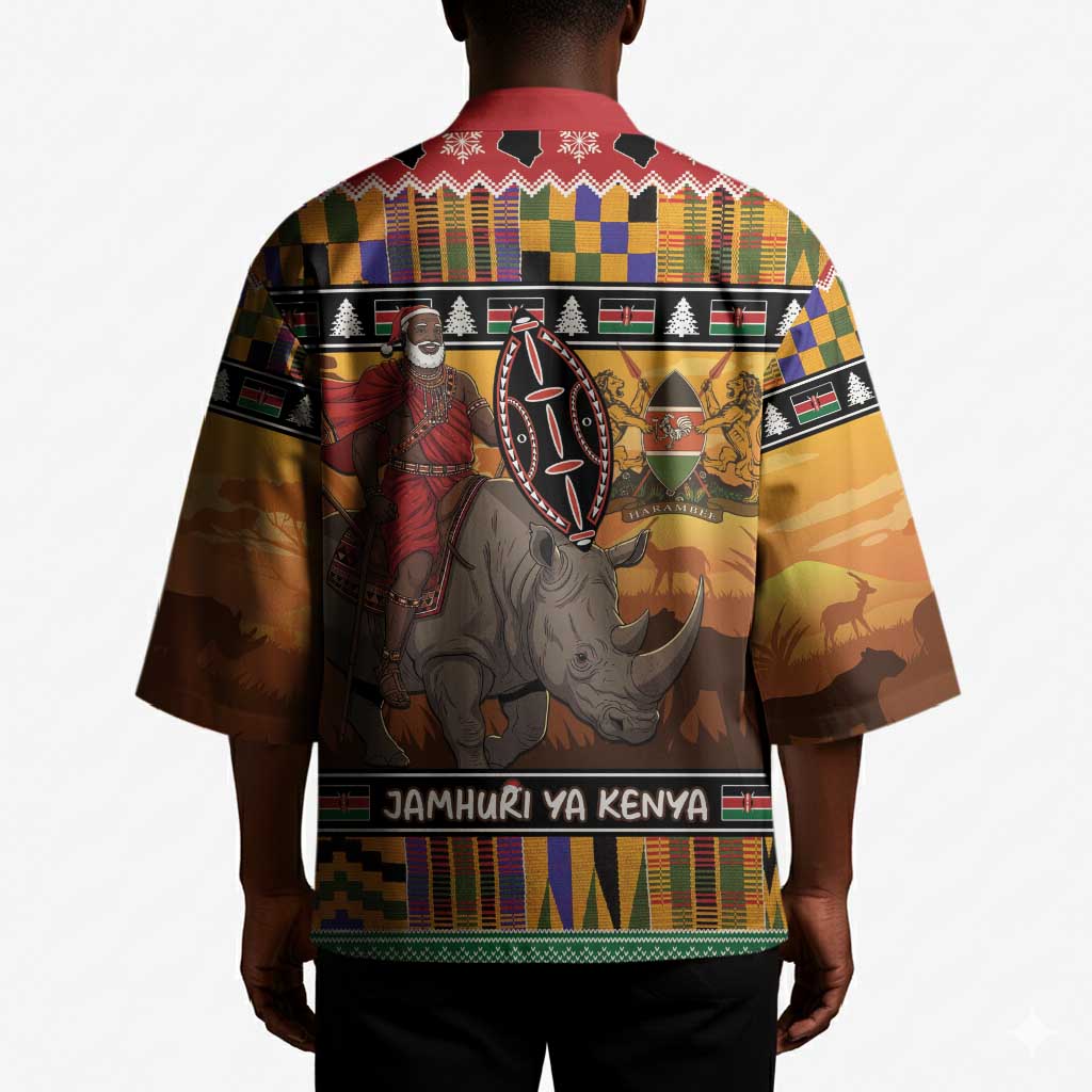 Kenya Safari Christmas Kimono Black Santa Riding Rhinoceros - Heri ya Krismasi