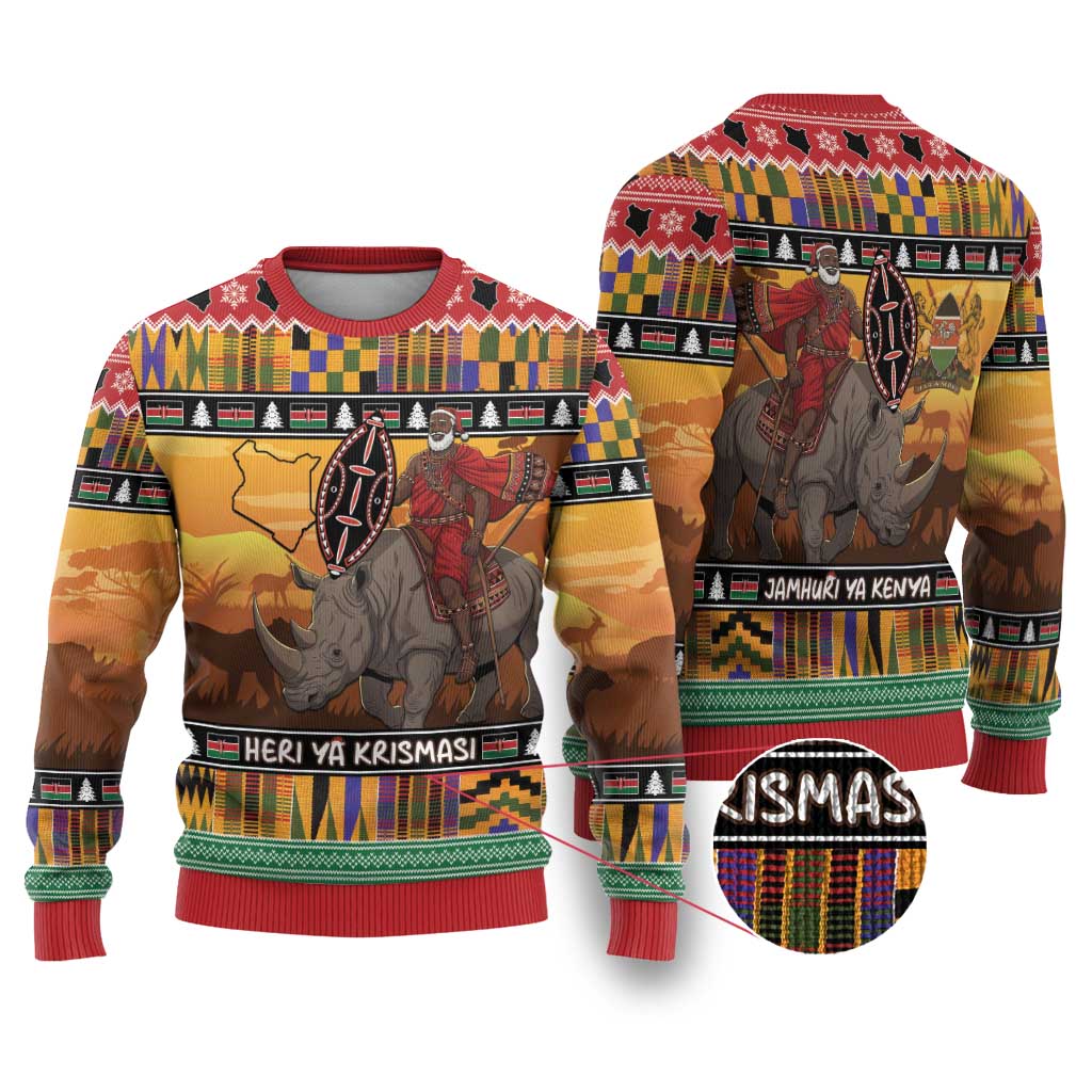 Afro Christmas in Kenya Safari Ugly Christmas Sweater Black Santa Riding Rhinoceros - African Pride