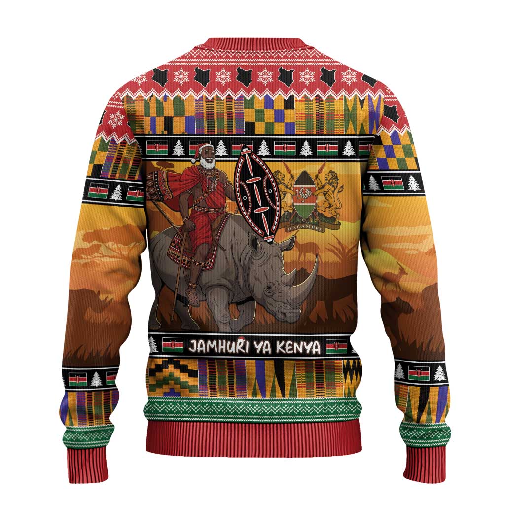 Afro Christmas in Kenya Safari Ugly Christmas Sweater Black Santa Riding Rhinoceros - African Pride