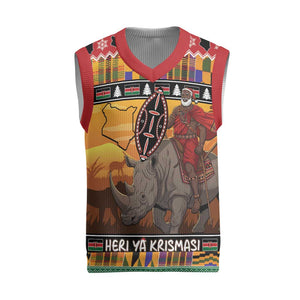 Afro Christmas in Kenya Safari Christmas Knitted V-Neck Vest Black Santa Riding Rhinoceros - African Pride