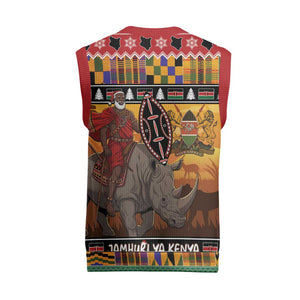 Afro Christmas in Kenya Safari Christmas Knitted V-Neck Vest Black Santa Riding Rhinoceros - African Pride