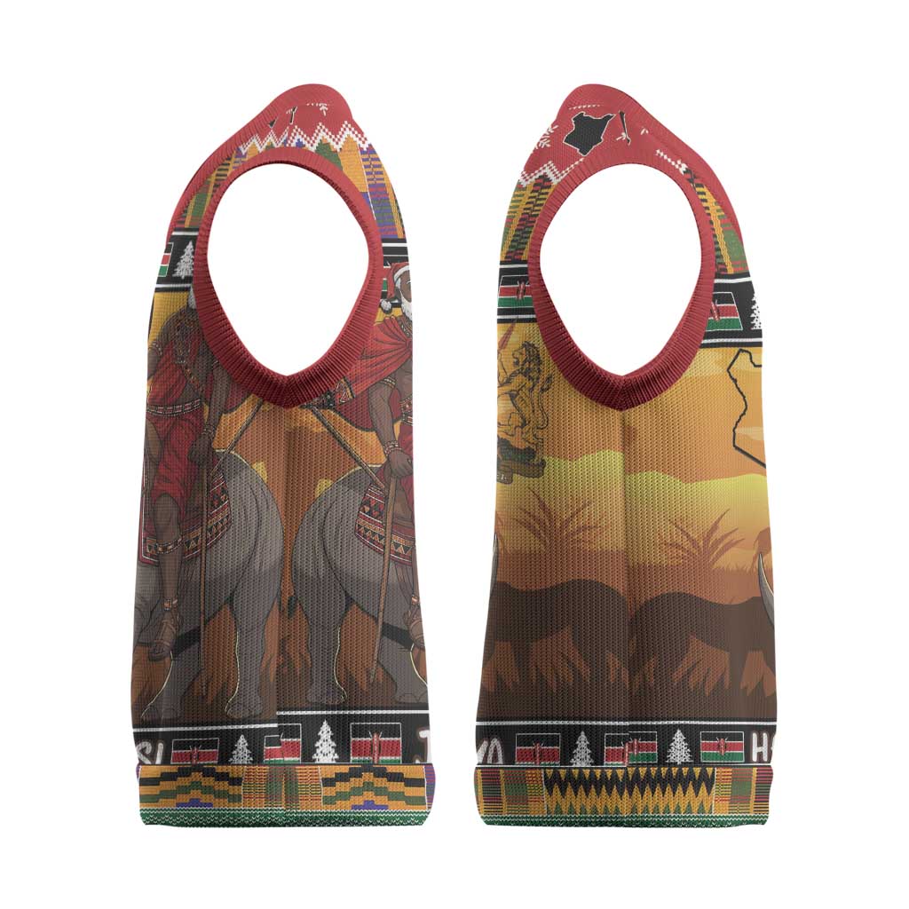 Afro Christmas in Kenya Safari Christmas Knitted V-Neck Vest Black Santa Riding Rhinoceros - African Pride