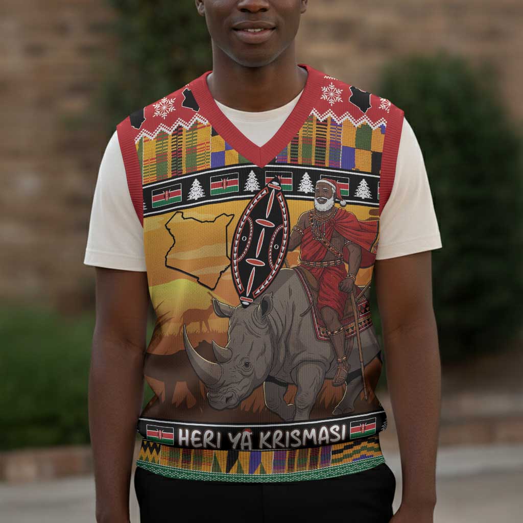 Afro Christmas in Kenya Safari Christmas Knitted V-Neck Vest Black Santa Riding Rhinoceros - African Pride