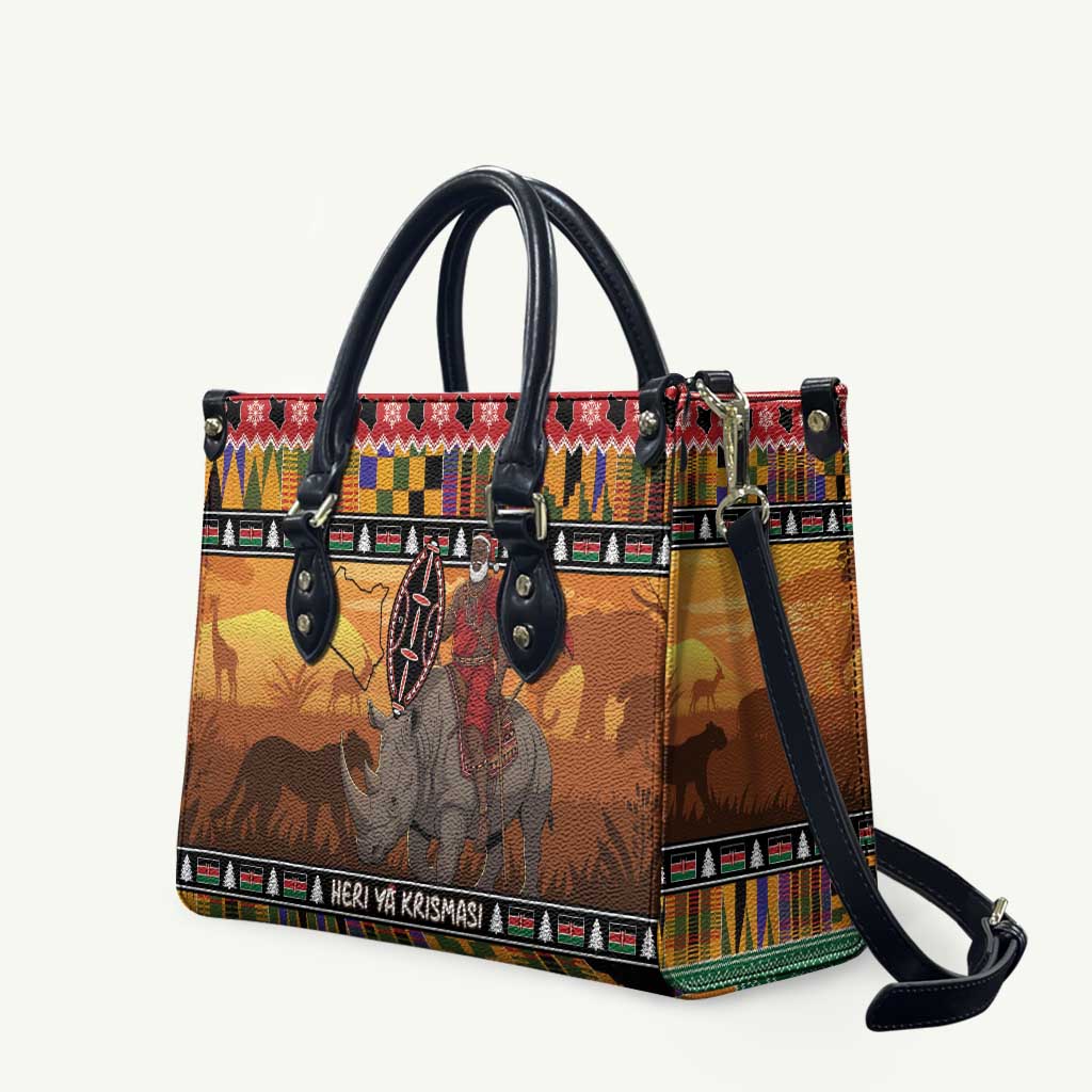 Kenya Safari Christmas Leather Bag Black Santa Riding Rhinoceros - Heri ya Krismasi
