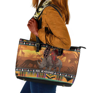 Afro Christmas in Kenya Safari Leather Tote Bag Black Santa Riding Rhinoceros - African Pride