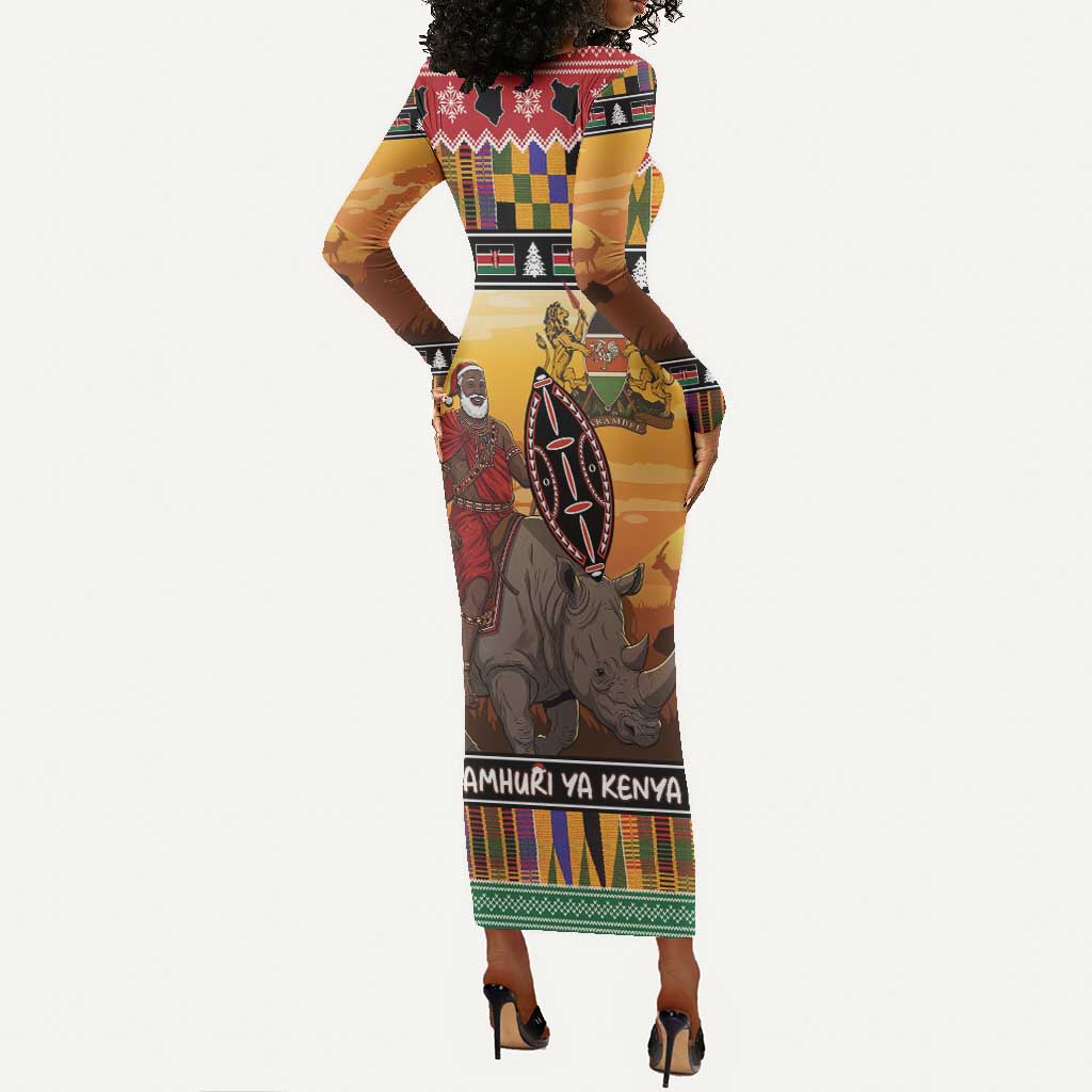 Afro Christmas in Kenya Safari Long Sleeve Bodycon Dress Black Santa Riding Rhinoceros - African Pride