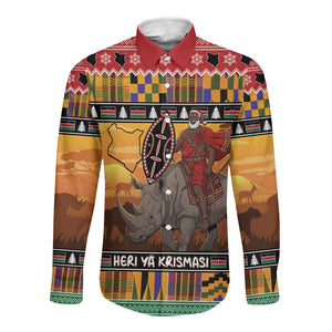 Afro Christmas in Kenya Safari Long Sleeve Button Shirt Black Santa Riding Rhinoceros - African Pride