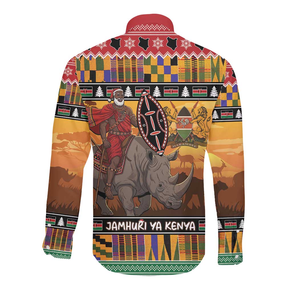 Afro Christmas in Kenya Safari Long Sleeve Button Shirt Black Santa Riding Rhinoceros - African Pride