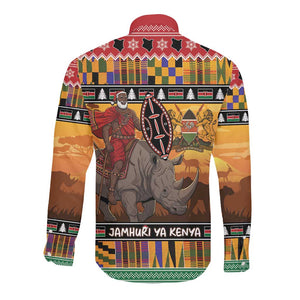 Afro Christmas in Kenya Safari Long Sleeve Button Shirt Black Santa Riding Rhinoceros - African Pride