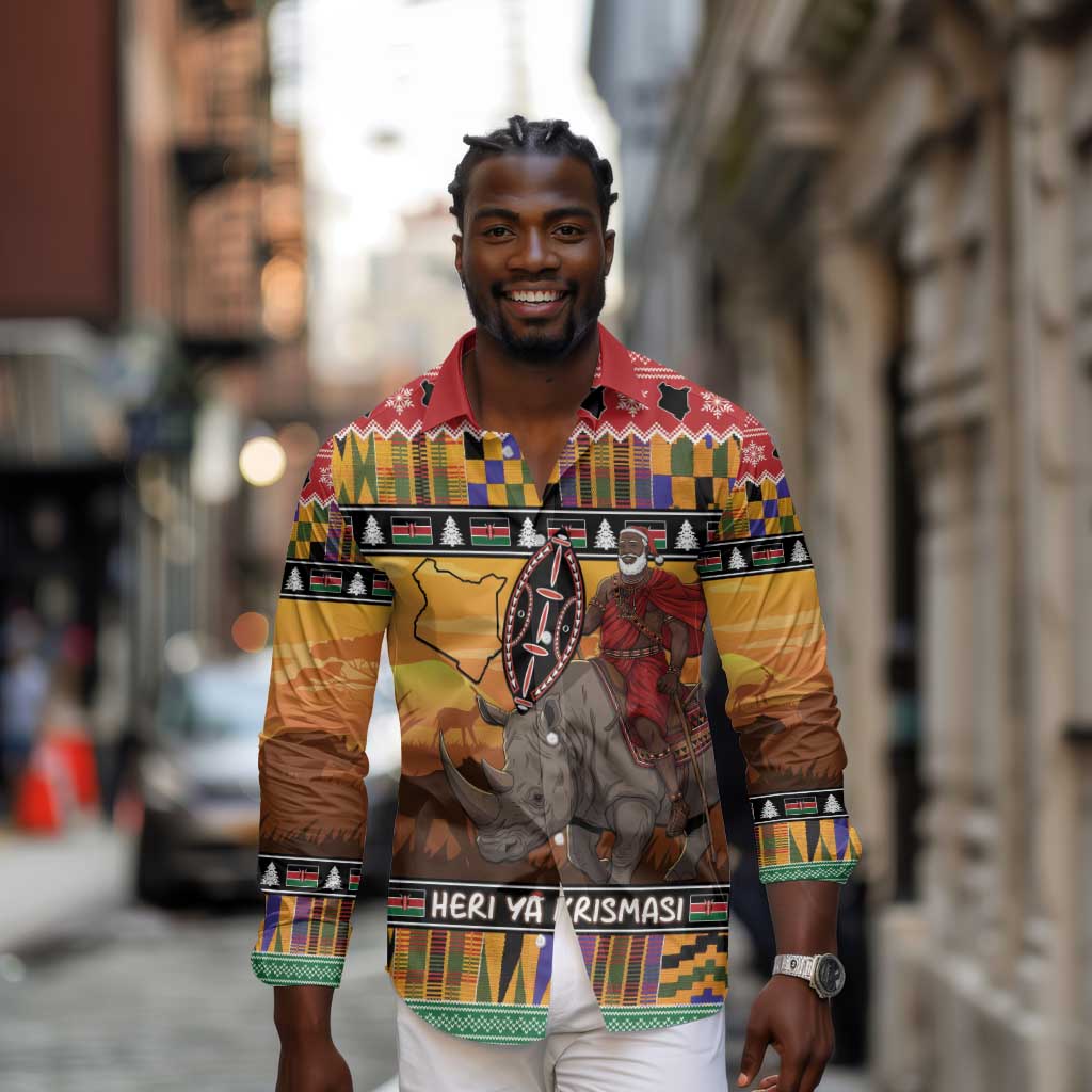 Afro Christmas in Kenya Safari Long Sleeve Button Shirt Black Santa Riding Rhinoceros - African Pride