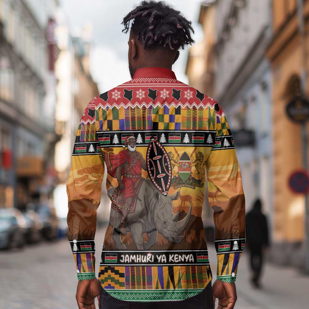Afro Christmas in Kenya Safari Long Sleeve Button Shirt Black Santa Riding Rhinoceros - African Pride