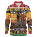 Afro Christmas in Kenya Safari Long Sleeve Polo Shirt Black Santa Riding Rhinoceros - African Pride