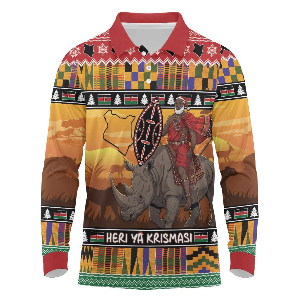 Afro Christmas in Kenya Safari Long Sleeve Polo Shirt Black Santa Riding Rhinoceros - African Pride