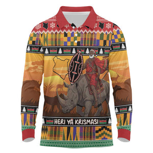 Afro Christmas in Kenya Safari Long Sleeve Polo Shirt Black Santa Riding Rhinoceros - African Pride