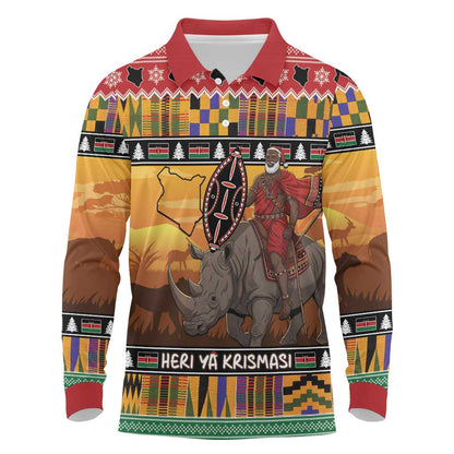 Afro Christmas in Kenya Safari Long Sleeve Polo Shirt Black Santa Riding Rhinoceros - African Pride