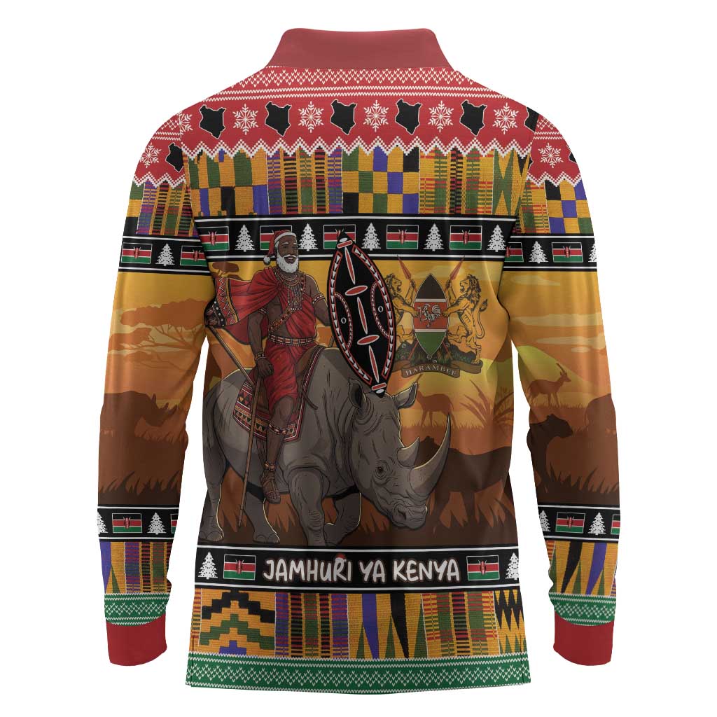 Afro Christmas in Kenya Safari Long Sleeve Polo Shirt Black Santa Riding Rhinoceros - African Pride