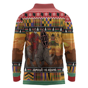 Afro Christmas in Kenya Safari Long Sleeve Polo Shirt Black Santa Riding Rhinoceros - African Pride
