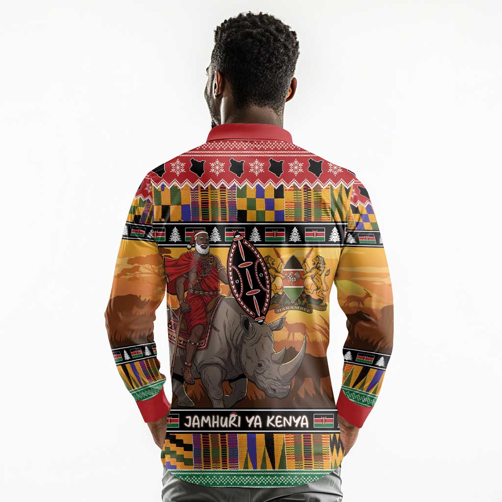 Afro Christmas in Kenya Safari Long Sleeve Polo Shirt Black Santa Riding Rhinoceros - African Pride