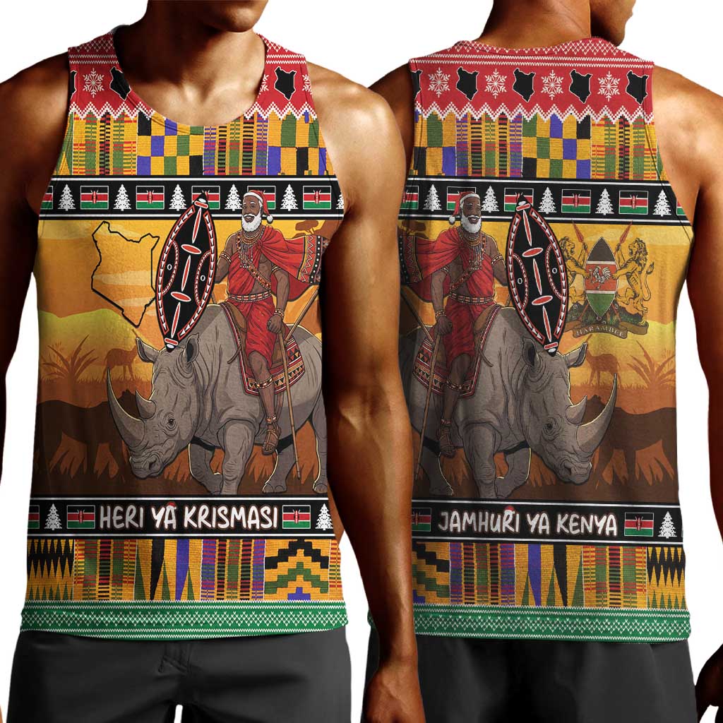 Afro Christmas in Kenya Safari Men Tank Top Black Santa Riding Rhinoceros - African Pride