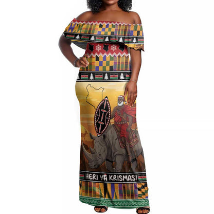 Afro Christmas in Kenya Safari Off Shoulder Maxi Dress Black Santa Riding Rhinoceros - African Pride