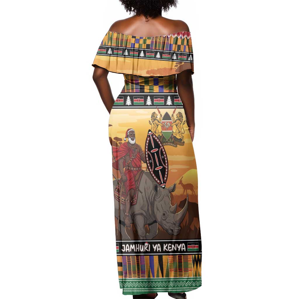 Afro Christmas in Kenya Safari Off Shoulder Maxi Dress Black Santa Riding Rhinoceros - African Pride