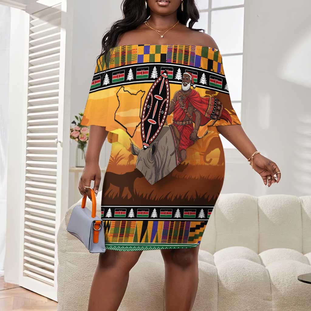 Afro Christmas in Kenya Safari Off Shoulder Short Dress Black Santa Riding Rhinoceros - African Pride
