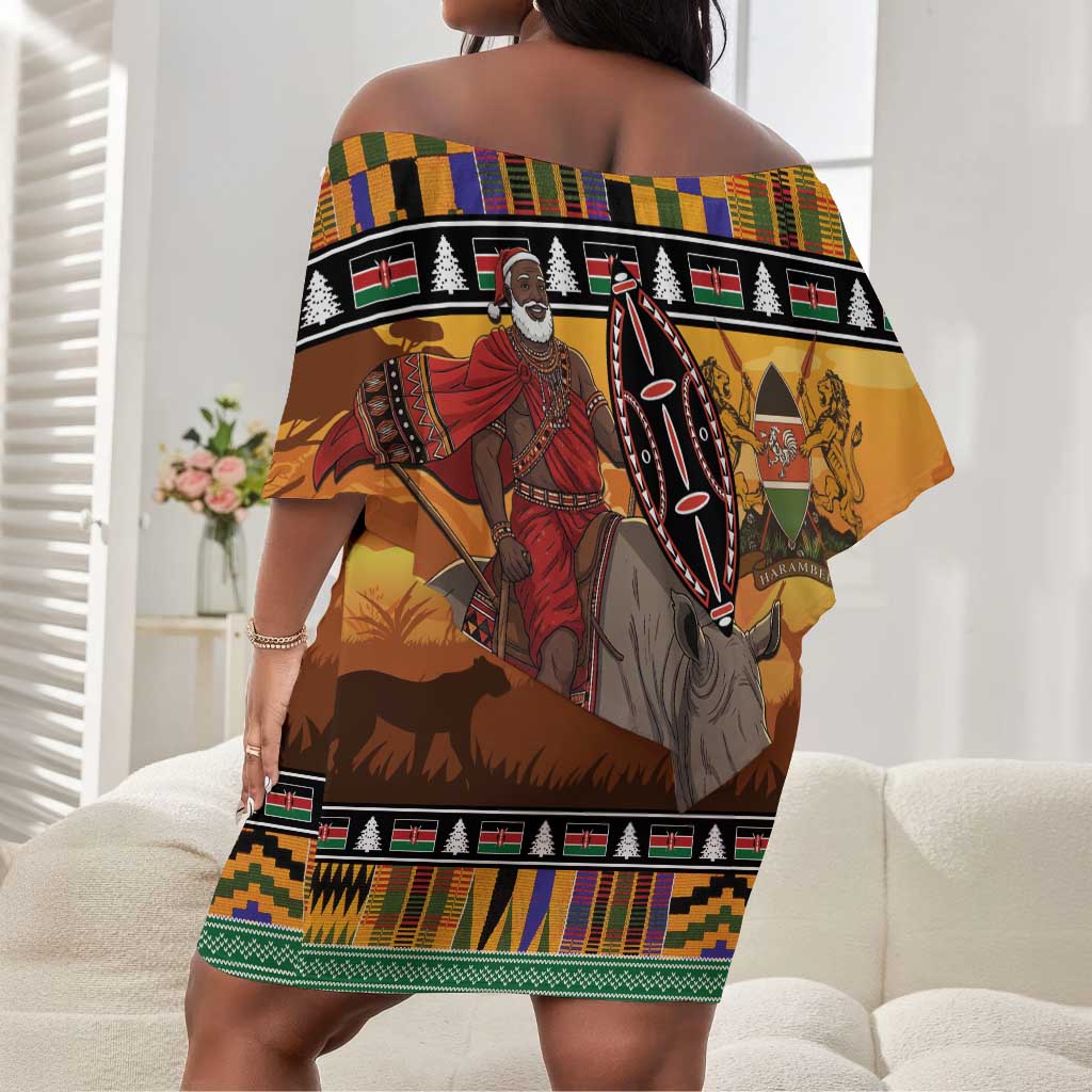 Afro Christmas in Kenya Safari Off Shoulder Short Dress Black Santa Riding Rhinoceros - African Pride