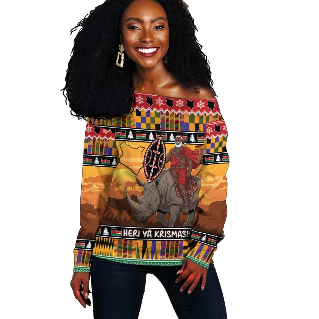 Afro Christmas in Kenya Safari Off Shoulder Sweater Black Santa Riding Rhinoceros - African Pride