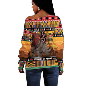 Afro Christmas in Kenya Safari Off Shoulder Sweater Black Santa Riding Rhinoceros - African Pride
