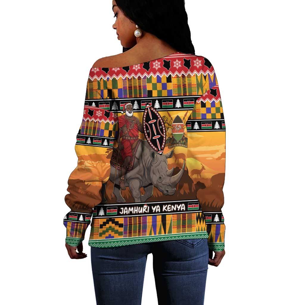 Afro Christmas in Kenya Safari Off Shoulder Sweater Black Santa Riding Rhinoceros - African Pride