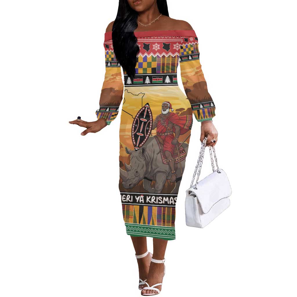 Afro Christmas in Kenya Safari Off The Shoulder Long Sleeve Dress Black Santa Riding Rhinoceros - African Pride