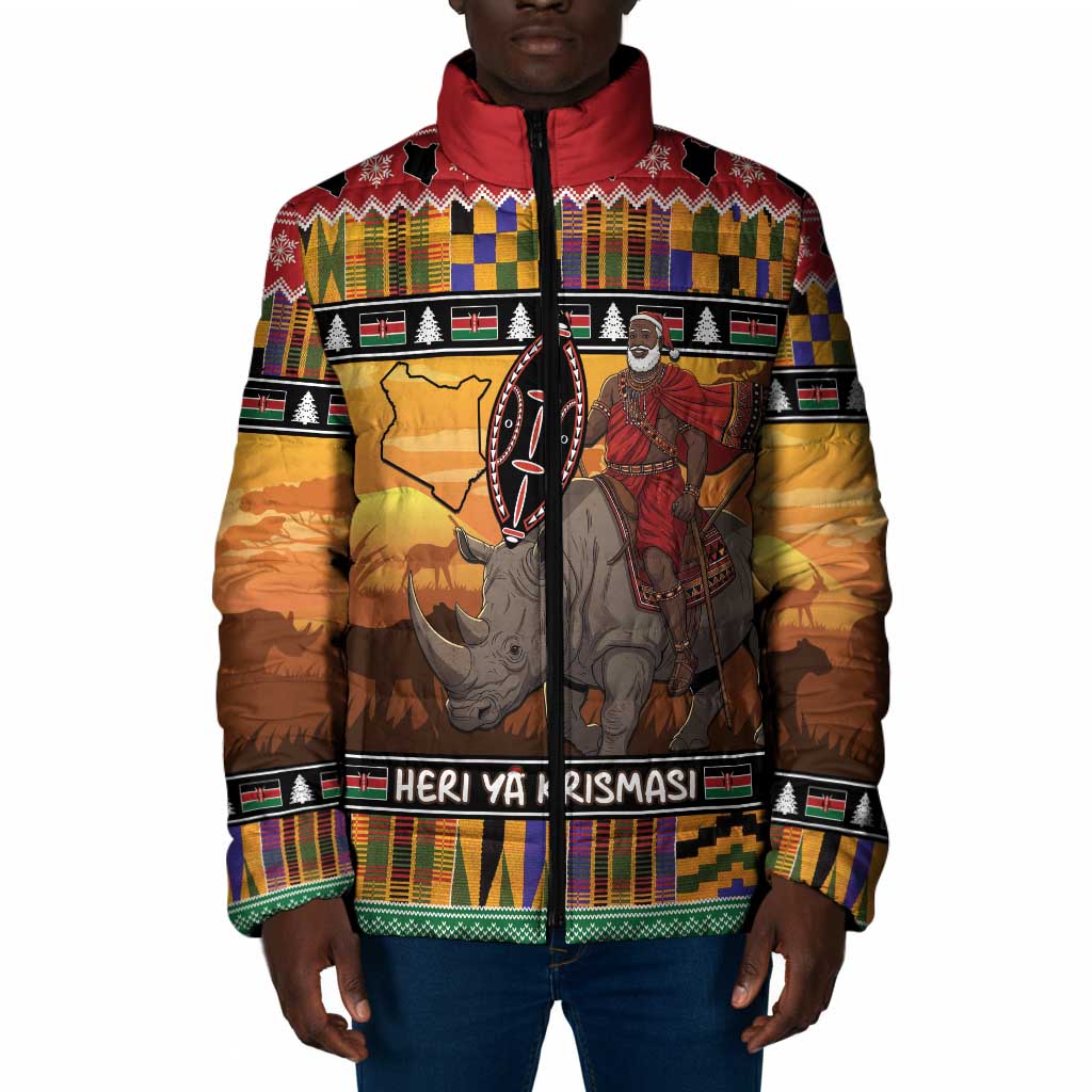Kenya Safari Christmas Padded Jacket Black Santa Riding Rhinoceros - Heri ya Krismasi