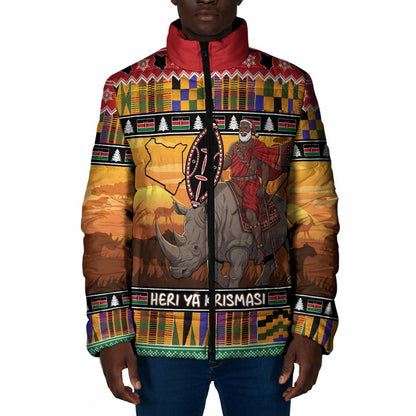 Kenya Safari Christmas Padded Jacket Black Santa Riding Rhinoceros - Heri ya Krismasi