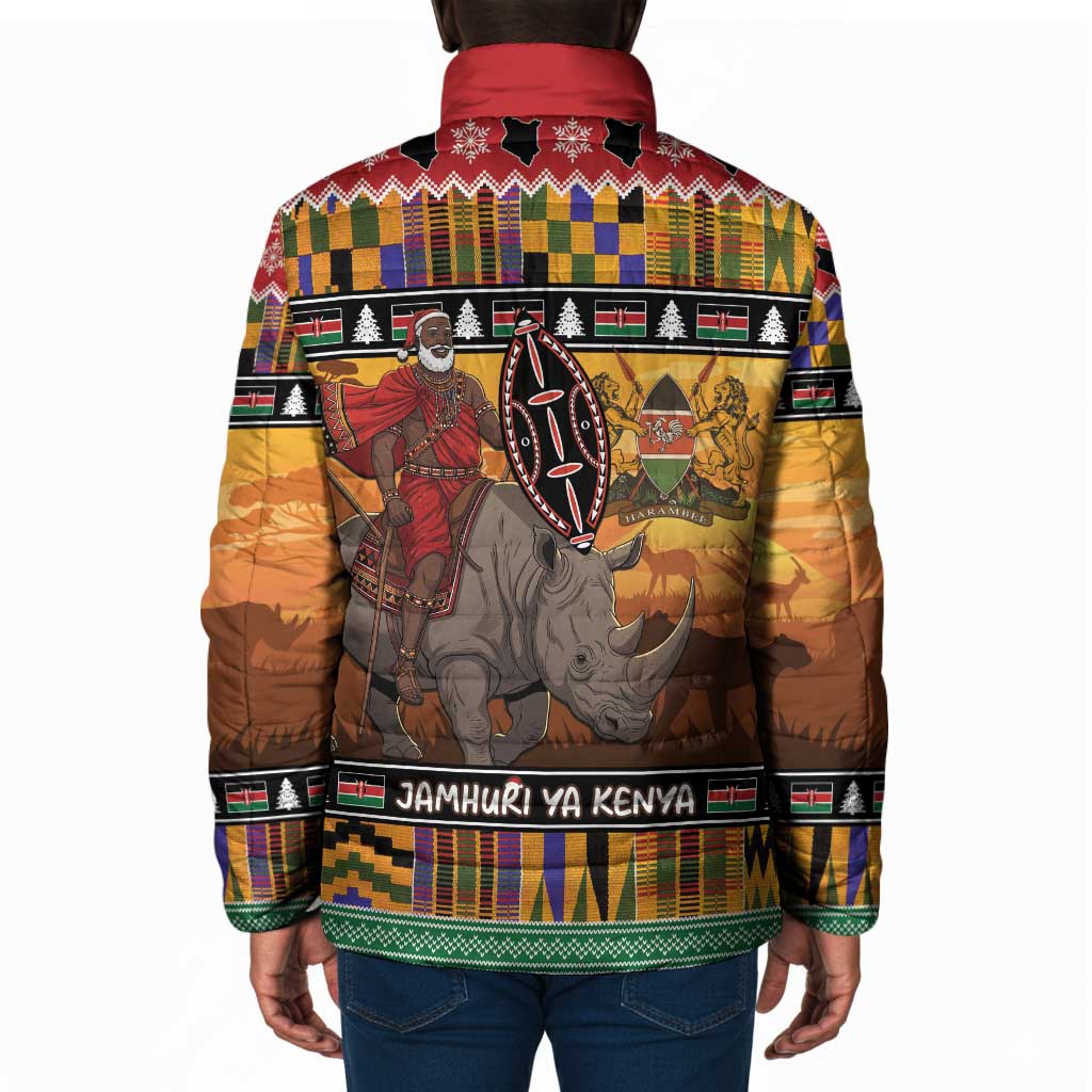 Kenya Safari Christmas Padded Jacket Black Santa Riding Rhinoceros - Heri ya Krismasi