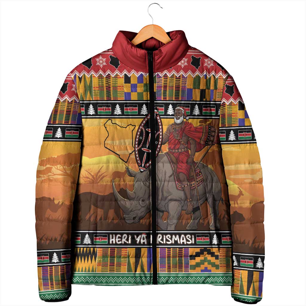 Kenya Safari Christmas Padded Jacket Black Santa Riding Rhinoceros - Heri ya Krismasi