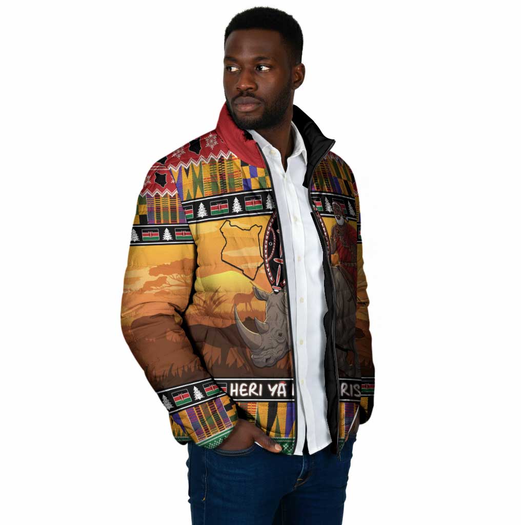 Kenya Safari Christmas Padded Jacket Black Santa Riding Rhinoceros - Heri ya Krismasi