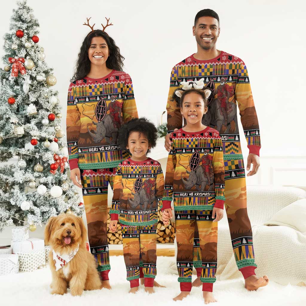 Afro Christmas in Kenya Safari Christmas Pajama Set Black Santa Riding Rhinoceros - African Pride