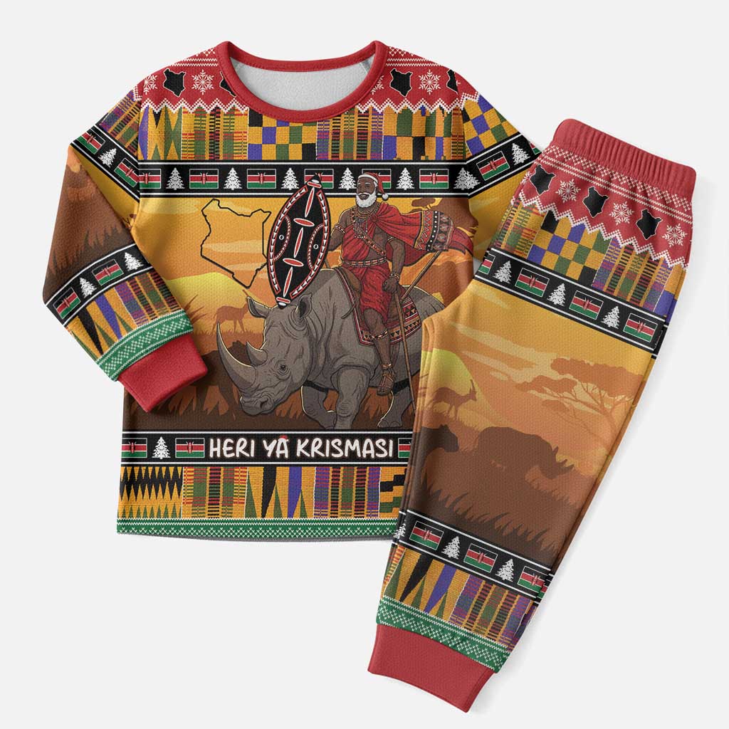 Afro Christmas in Kenya Safari Christmas Pajama Set Black Santa Riding Rhinoceros - African Pride