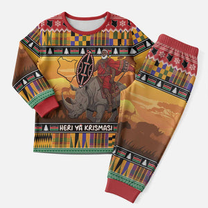 Afro Christmas in Kenya Safari Christmas Pajama Set Black Santa Riding Rhinoceros - African Pride